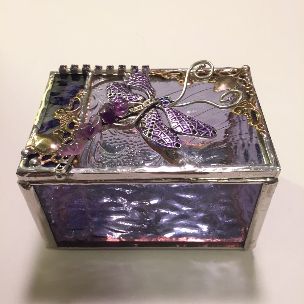 purple stained glass dragonfly ring box